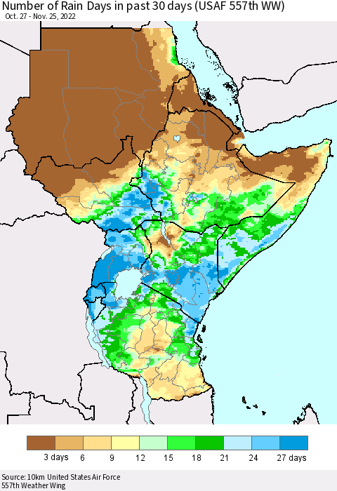 Eastern Africa Number of Rain Days in past 30 days (USAF 557th WW) 11/25/2022 Thematic Map For 11/21/2022 - 11/25/2022