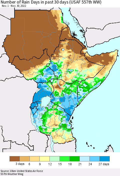 Eastern Africa Number of Rain Days in past 30 days (USAF 557th WW) 11/30/2022 Thematic Map For 11/26/2022 - 11/30/2022