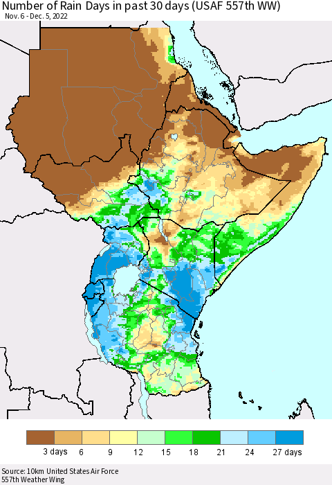 Eastern Africa Number of Rain Days in past 30 days (USAF 557th WW) 12/05/2022 Thematic Map For 12/1/2022 - 12/5/2022