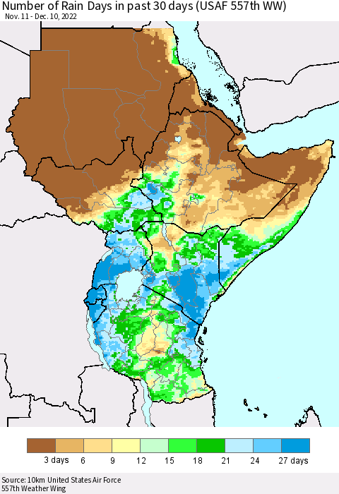 Eastern Africa Number of Rain Days in past 30 days (USAF 557th WW) 12/10/2022 Thematic Map For 12/6/2022 - 12/10/2022