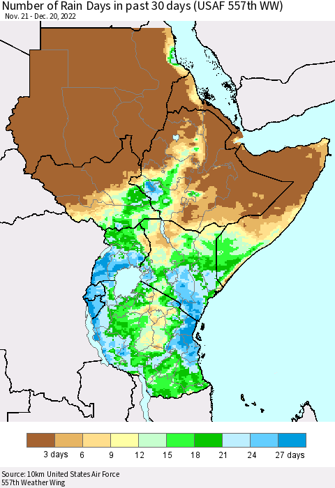 Eastern Africa Number of Rain Days in past 30 days (USAF 557th WW) 12/20/2022 Thematic Map For 12/16/2022 - 12/20/2022