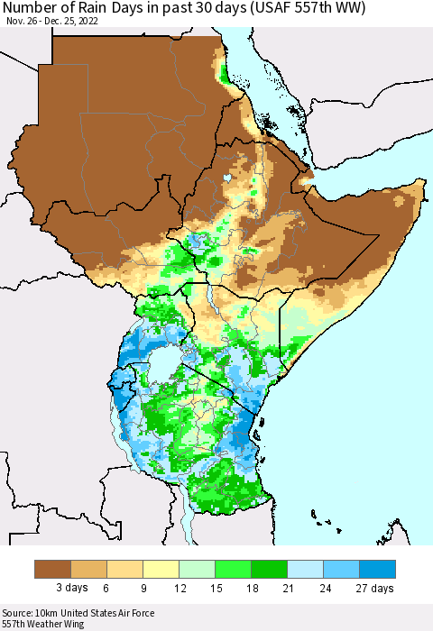Eastern Africa Number of Rain Days in past 30 days (USAF 557th WW) 12/25/2022 Thematic Map For 12/21/2022 - 12/25/2022