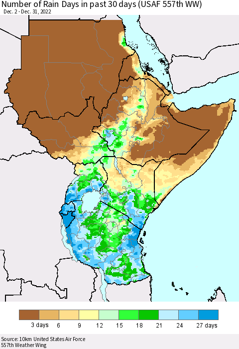 Eastern Africa Number of Rain Days in past 30 days (USAF 557th WW) 12/31/2022 Thematic Map For 12/26/2022 - 12/31/2022