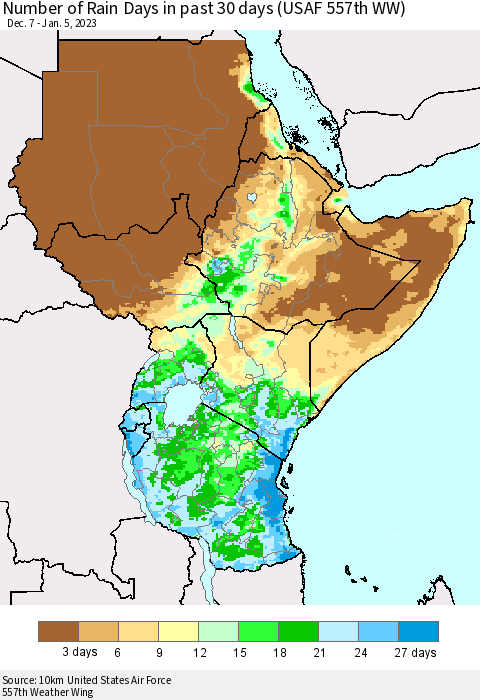 Eastern Africa Number of Rain Days in past 30 days (USAF 557th WW) 01/05/2023 Thematic Map For 1/1/2023 - 1/5/2023