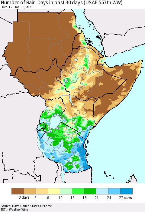 Eastern Africa Number of Rain Days in past 30 days (USAF 557th WW) 01/10/2023 Thematic Map For 1/6/2023 - 1/10/2023
