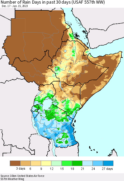 Eastern Africa Number of Rain Days in past 30 days (USAF 557th WW) 01/15/2023 Thematic Map For 1/11/2023 - 1/15/2023