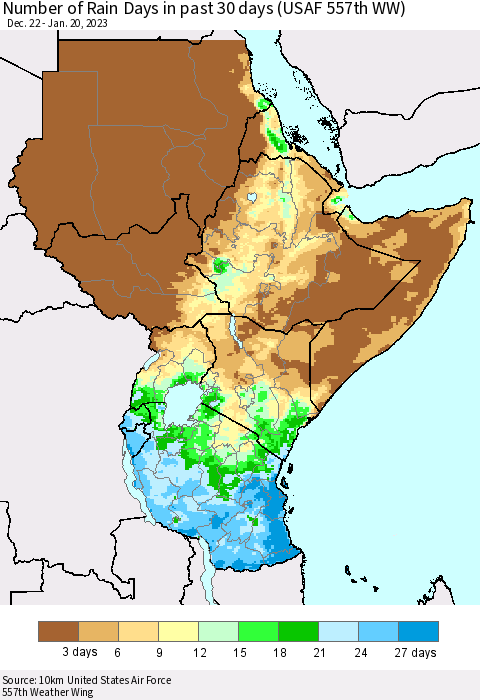 Eastern Africa Number of Rain Days in past 30 days (USAF 557th WW) 01/20/2023 Thematic Map For 1/16/2023 - 1/20/2023