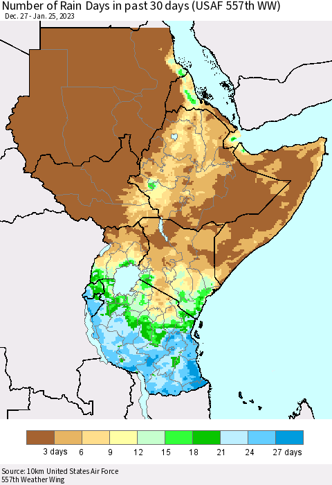 Eastern Africa Number of Rain Days in past 30 days (USAF 557th WW) 01/25/2023 Thematic Map For 1/21/2023 - 1/25/2023