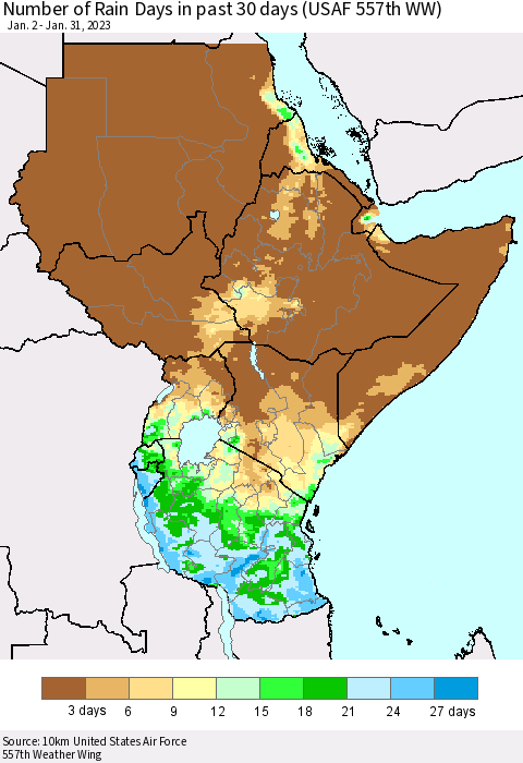 Eastern Africa Number of Rain Days in past 30 days (USAF 557th WW) 01/31/2023 Thematic Map For 1/26/2023 - 1/31/2023