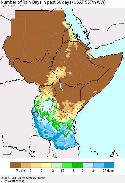 Eastern Africa Number of Rain Days in past 30 days (USAF 557th WW) 02/05/2023 Thematic Map For 2/1/2023 - 2/5/2023