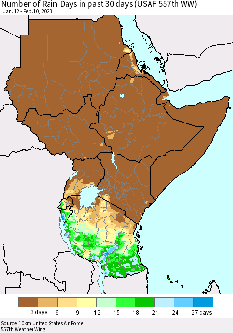 Eastern Africa Number of Rain Days in past 30 days (USAF 557th WW) 02/10/2023 Thematic Map For 2/6/2023 - 2/10/2023