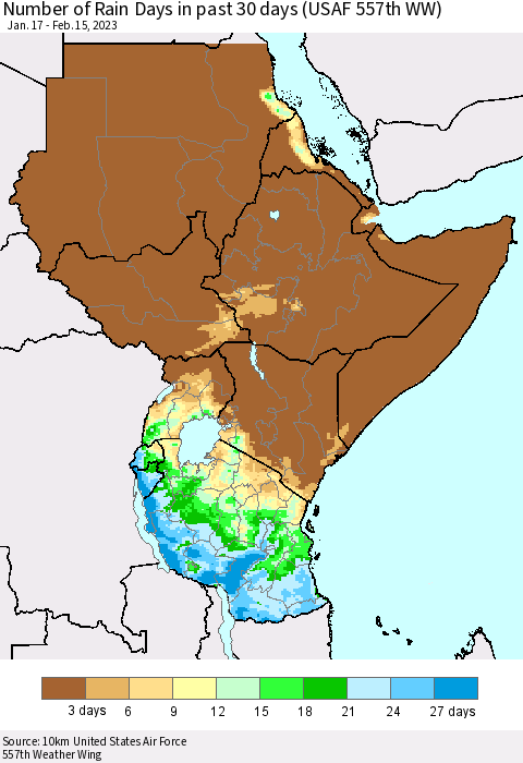Eastern Africa Number of Rain Days in past 30 days (USAF 557th WW) 02/15/2023 Thematic Map For 2/11/2023 - 2/15/2023
