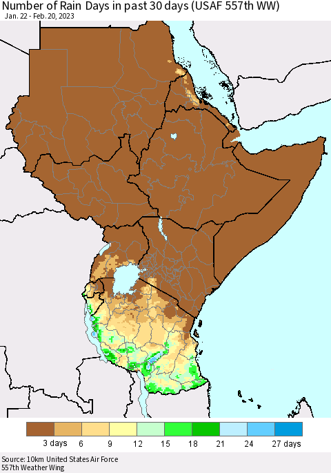 Eastern Africa Number of Rain Days in past 30 days (USAF 557th WW) 02/20/2023 Thematic Map For 2/16/2023 - 2/20/2023