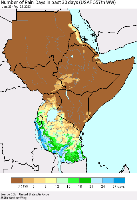 Eastern Africa Number of Rain Days in past 30 days (USAF 557th WW) 02/25/2023 Thematic Map For 2/21/2023 - 2/25/2023