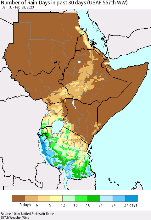 Eastern Africa Number of Rain Days in past 30 days (USAF 557th WW) 02/28/2023 Thematic Map For 2/26/2023 - 2/28/2023