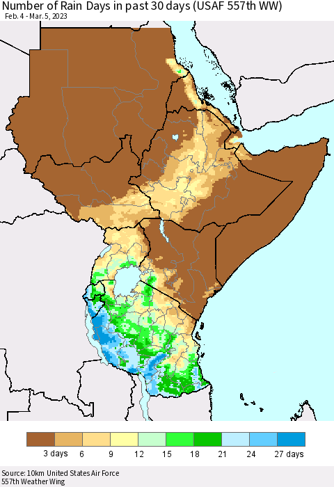 Eastern Africa Number of Rain Days in past 30 days (USAF 557th WW) 03/05/2023 Thematic Map For 3/1/2023 - 3/5/2023