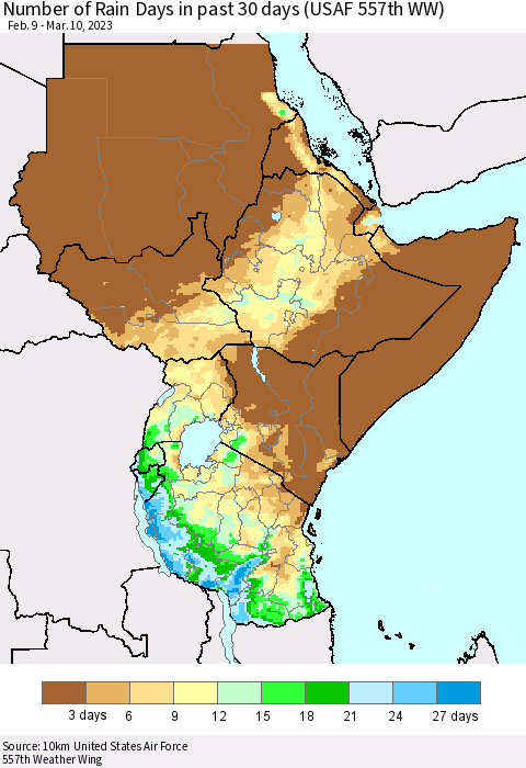 Eastern Africa Number of Rain Days in past 30 days (USAF 557th WW) 03/10/2023 Thematic Map For 3/6/2023 - 3/10/2023