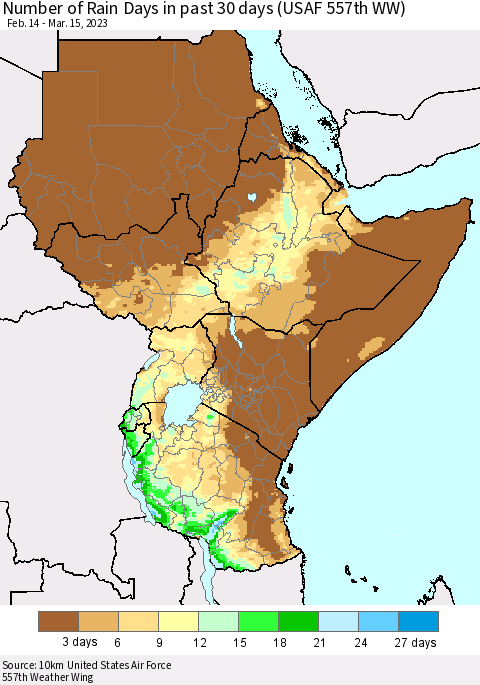 Eastern Africa Number of Rain Days in past 30 days (USAF 557th WW) 03/15/2023 Thematic Map For 3/11/2023 - 3/15/2023