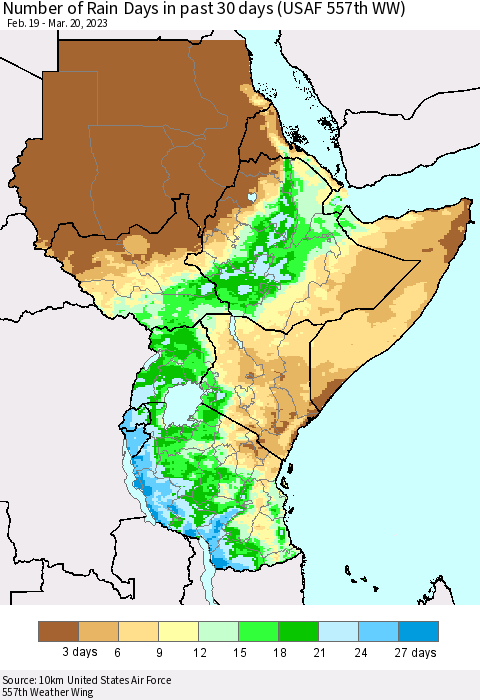 Eastern Africa Number of Rain Days in past 30 days (USAF 557th WW) 03/20/2023 Thematic Map For 3/16/2023 - 3/20/2023