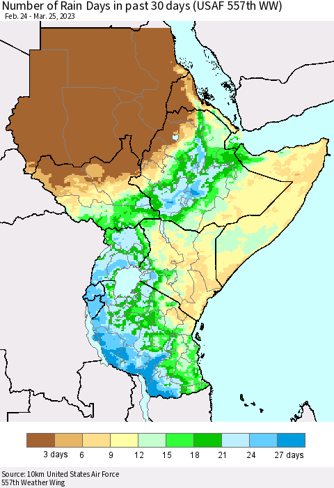 Eastern Africa Number of Rain Days in past 30 days (USAF 557th WW) 03/25/2023 Thematic Map For 3/21/2023 - 3/25/2023
