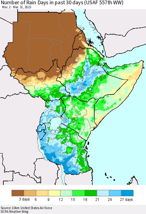 Eastern Africa Number of Rain Days in past 30 days (USAF 557th WW) 03/31/2023 Thematic Map For 3/26/2023 - 3/31/2023
