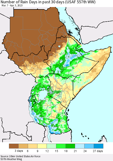 Eastern Africa Number of Rain Days in past 30 days (USAF 557th WW) 04/05/2023 Thematic Map For 4/1/2023 - 4/5/2023