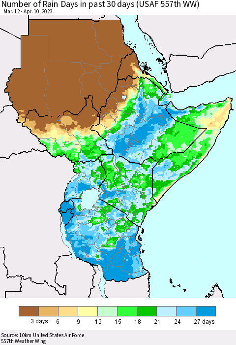 Eastern Africa Number of Rain Days in past 30 days (USAF 557th WW) 04/10/2023 Thematic Map For 4/6/2023 - 4/10/2023
