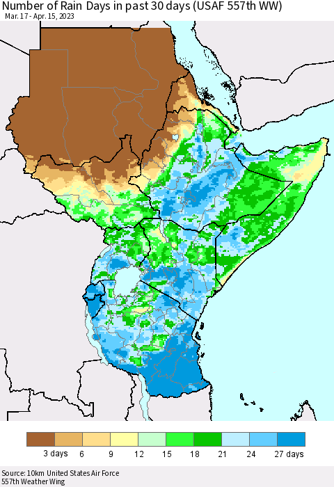 Eastern Africa Number of Rain Days in past 30 days (USAF 557th WW) 04/15/2023 Thematic Map For 4/11/2023 - 4/15/2023
