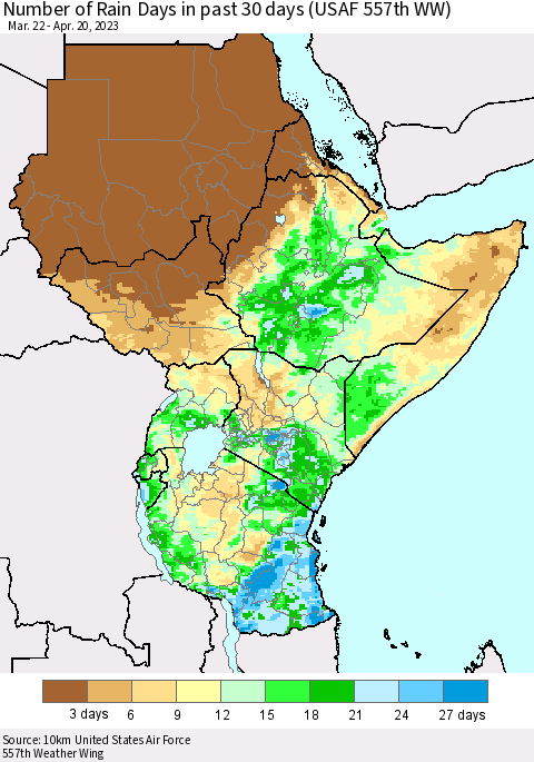 Eastern Africa Number of Rain Days in past 30 days (USAF 557th WW) 04/20/2023 Thematic Map For 4/16/2023 - 4/20/2023