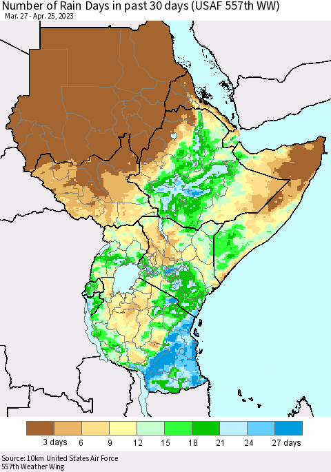 Eastern Africa Number of Rain Days in past 30 days (USAF 557th WW) 04/25/2023 Thematic Map For 4/21/2023 - 4/25/2023