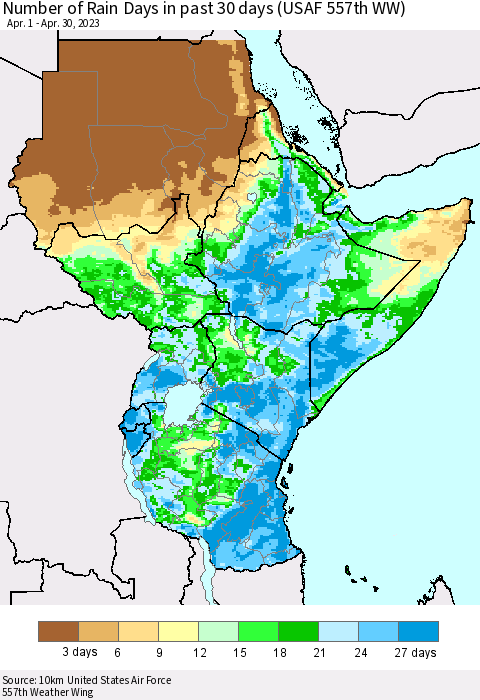 Eastern Africa Number of Rain Days in past 30 days (USAF 557th WW) 04/30/2023 Thematic Map For 4/26/2023 - 4/30/2023