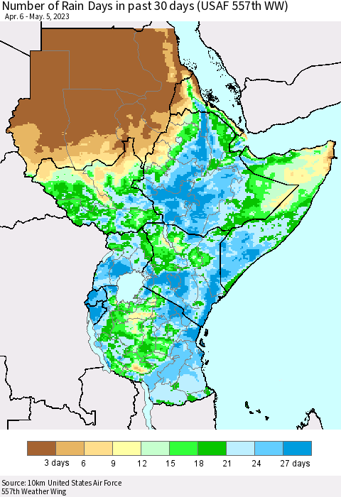 Eastern Africa Number of Rain Days in past 30 days (USAF 557th WW) 05/05/2023 Thematic Map For 5/1/2023 - 5/5/2023