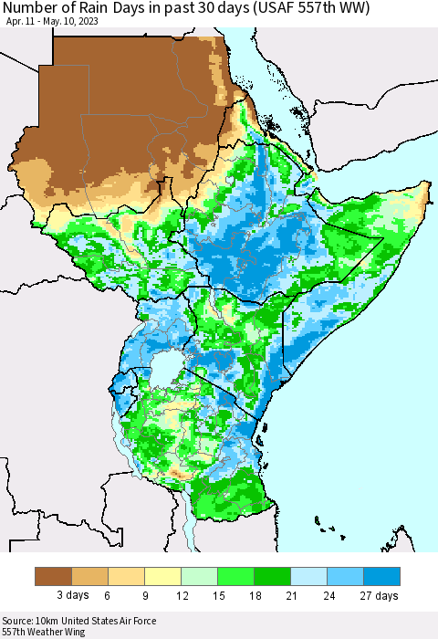 Eastern Africa Number of Rain Days in past 30 days (USAF 557th WW) 05/10/2023 Thematic Map For 5/6/2023 - 5/10/2023
