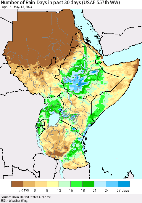 Eastern Africa Number of Rain Days in past 30 days (USAF 557th WW) 05/15/2023 Thematic Map For 5/11/2023 - 5/15/2023