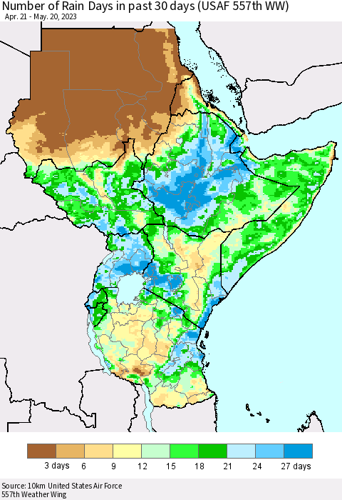 Eastern Africa Number of Rain Days in past 30 days (USAF 557th WW) 05/20/2023 Thematic Map For 5/16/2023 - 5/20/2023