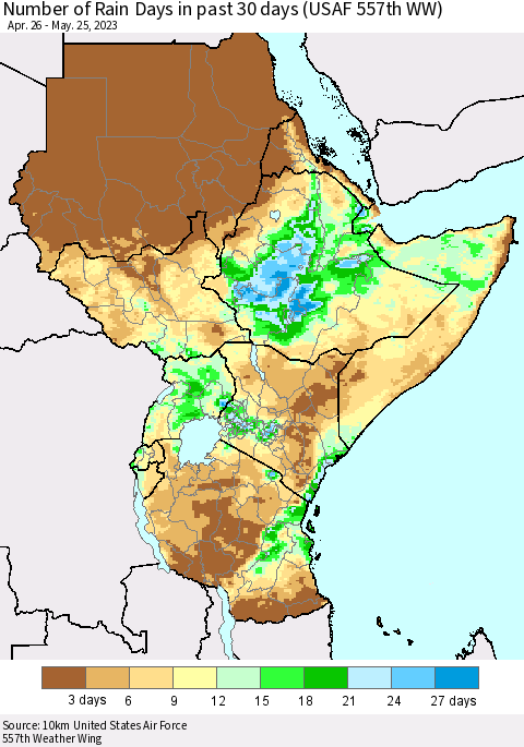 Eastern Africa Number of Rain Days in past 30 days (USAF 557th WW) 05/25/2023 Thematic Map For 5/21/2023 - 5/25/2023