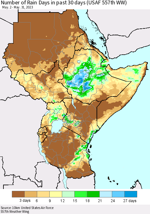 Eastern Africa Number of Rain Days in past 30 days (USAF 557th WW) 05/31/2023 Thematic Map For 5/26/2023 - 5/31/2023