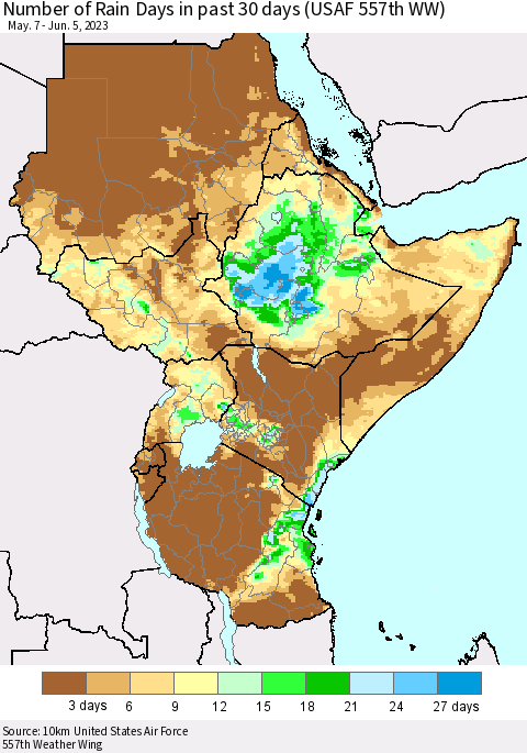 Eastern Africa Number of Rain Days in past 30 days (USAF 557th WW) 06/05/2023 Thematic Map For 6/1/2023 - 6/5/2023