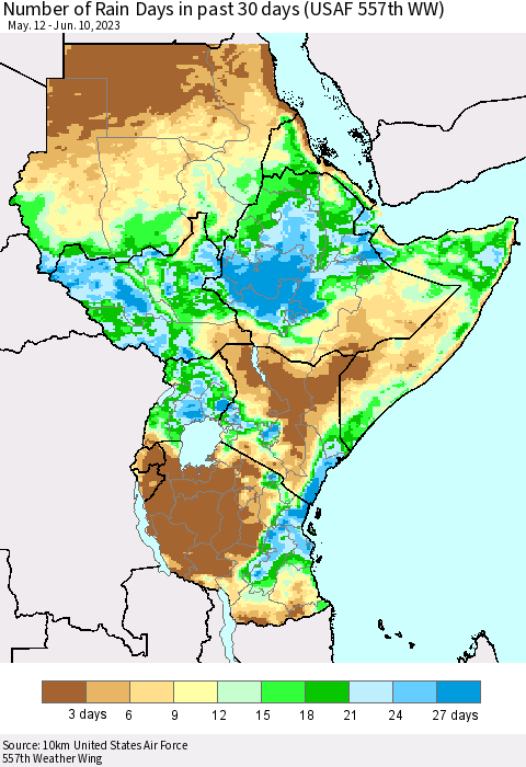 Eastern Africa Number of Rain Days in past 30 days (USAF 557th WW) 06/10/2023 Thematic Map For 6/6/2023 - 6/10/2023