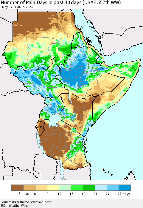 Eastern Africa Number of Rain Days in past 30 days (USAF 557th WW) 06/15/2023 Thematic Map For 6/11/2023 - 6/15/2023