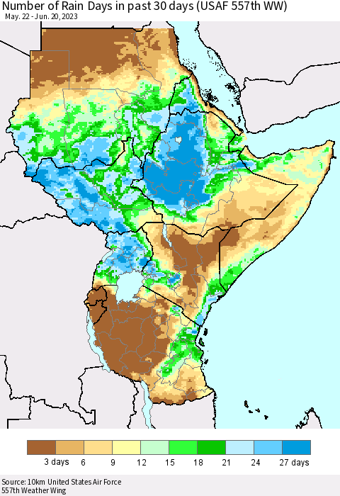 Eastern Africa Number of Rain Days in past 30 days (USAF 557th WW) 06/20/2023 Thematic Map For 6/16/2023 - 6/20/2023