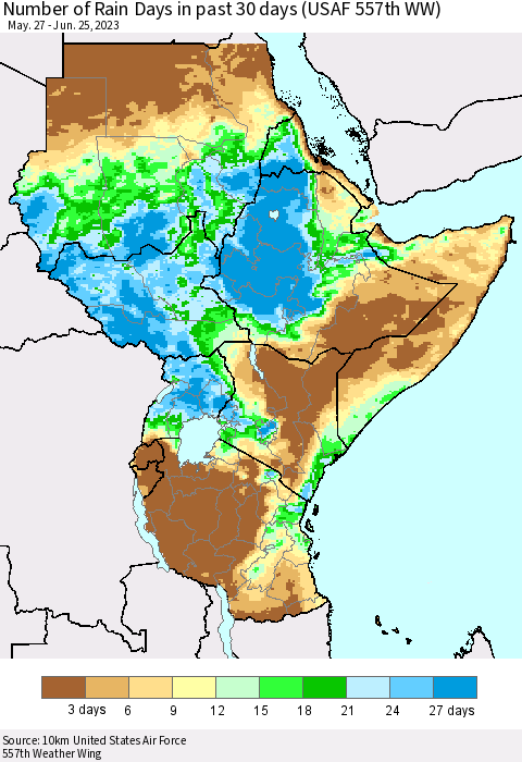 Eastern Africa Number of Rain Days in past 30 days (USAF 557th WW) 06/25/2023 Thematic Map For 6/21/2023 - 6/25/2023