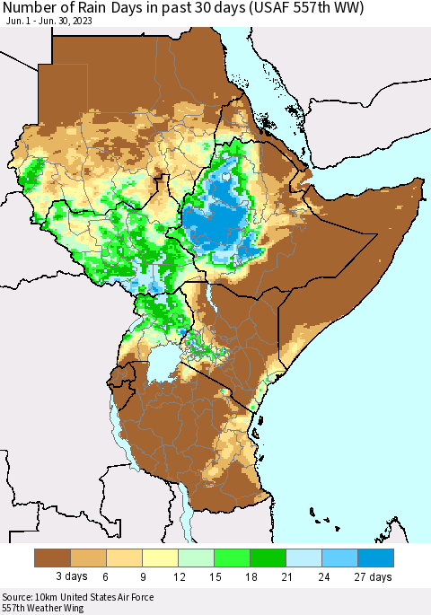 Eastern Africa Number of Rain Days in past 30 days (USAF 557th WW) 06/30/2023 Thematic Map For 6/26/2023 - 6/30/2023