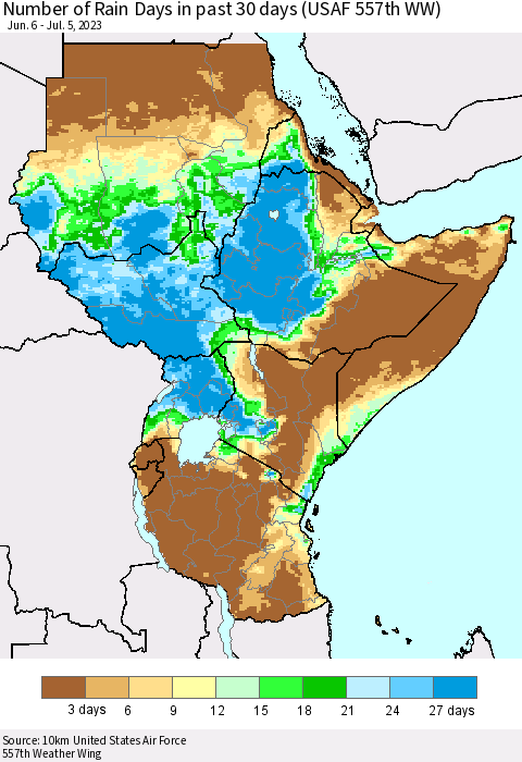 Eastern Africa Number of Rain Days in past 30 days (USAF 557th WW) 07/05/2023 Thematic Map For 7/1/2023 - 7/5/2023