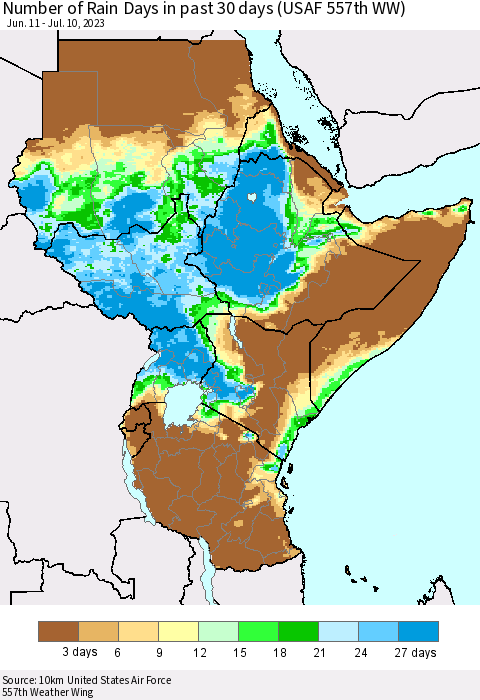 Eastern Africa Number of Rain Days in past 30 days (USAF 557th WW) 07/10/2023 Thematic Map For 7/6/2023 - 7/10/2023