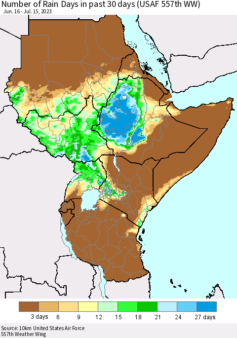Eastern Africa Number of Rain Days in past 30 days (USAF 557th WW) 07/15/2023 Thematic Map For 7/11/2023 - 7/15/2023