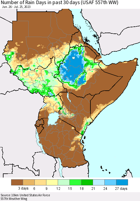 Eastern Africa Number of Rain Days in past 30 days (USAF 557th WW) 07/25/2023 Thematic Map For 7/21/2023 - 7/25/2023