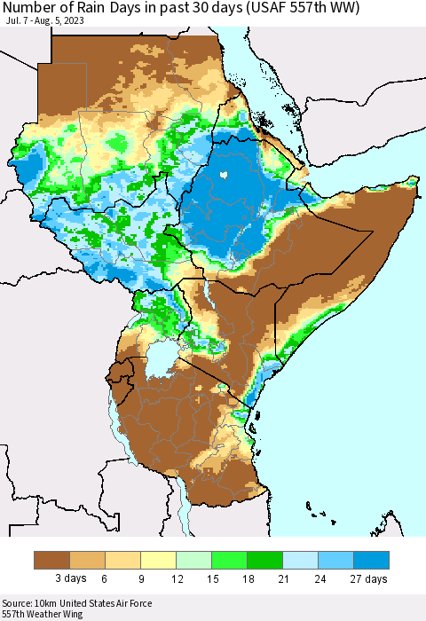 Eastern Africa Number of Rain Days in past 30 days (USAF 557th WW) 08/05/2023 Thematic Map For 8/1/2023 - 8/5/2023