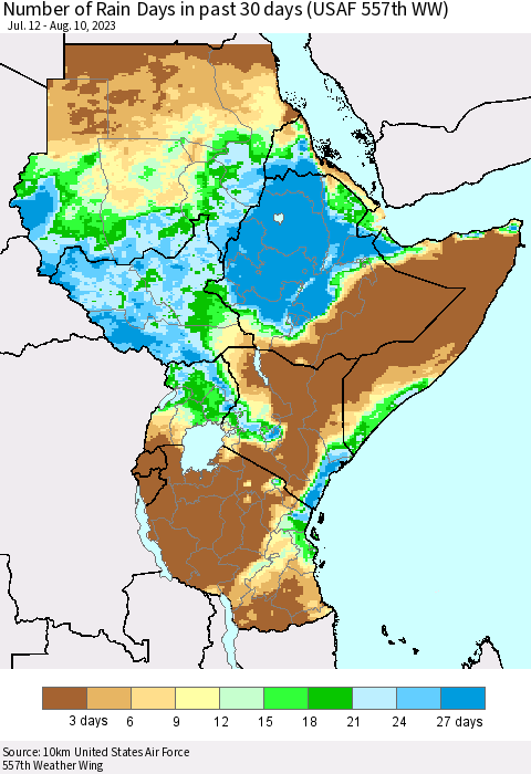 Eastern Africa Number of Rain Days in past 30 days (USAF 557th WW) 08/10/2023 Thematic Map For 8/6/2023 - 8/10/2023