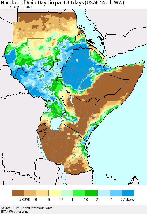 Eastern Africa Number of Rain Days in past 30 days (USAF 557th WW) 08/15/2023 Thematic Map For 8/11/2023 - 8/15/2023